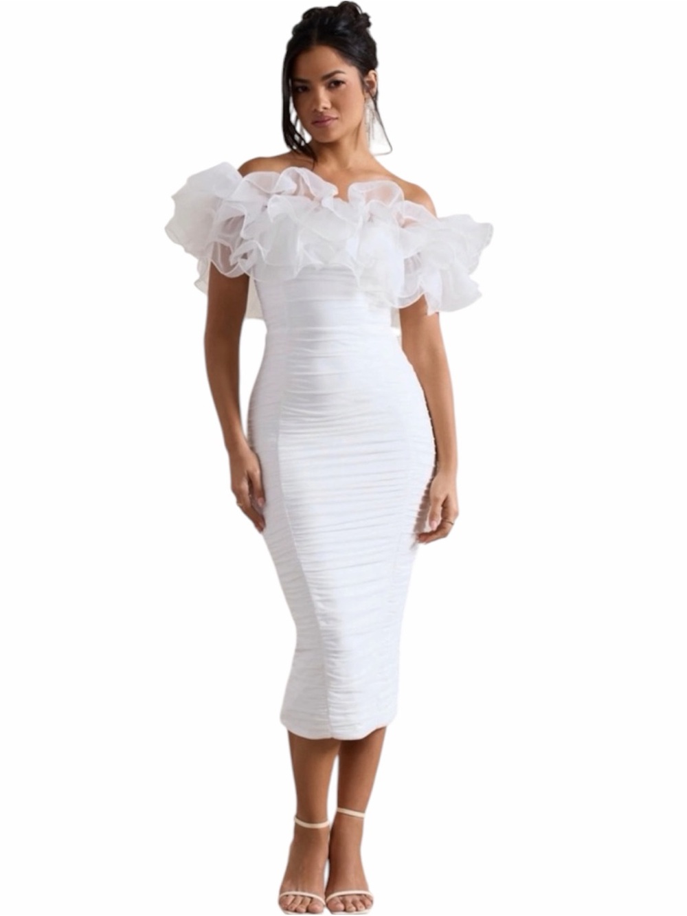 Club L London White Ruched Bardot Midi Dress With Organza Trim Size US 10